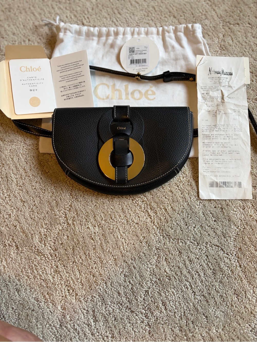 Chloe Black Leather Belt Bag with Gold Ring Detail